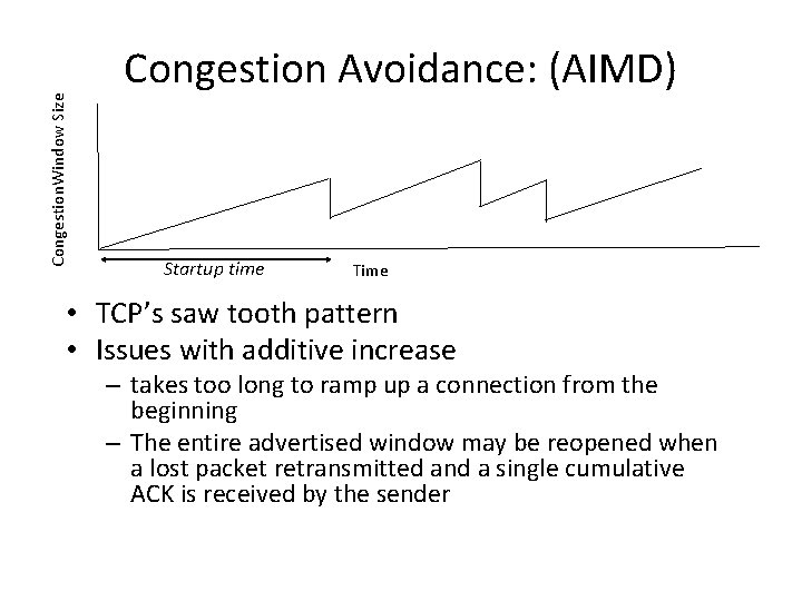 Congestion. Window Size Congestion Avoidance: (AIMD) Startup time Time • TCP’s saw tooth pattern Congestion. Window Size Congestion Avoidance: (AIMD) Startup time Time • TCP’s saw tooth pattern