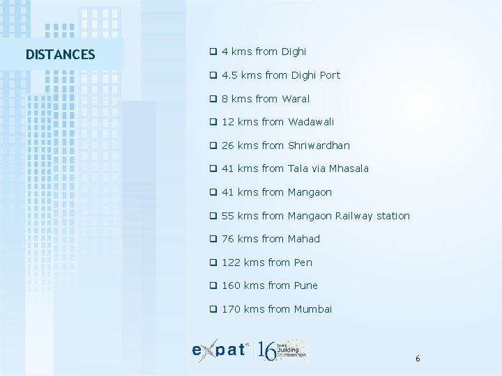 DISTANCES q 4 kms from Dighi q 4. 5 kms from Dighi Port q DISTANCES q 4 kms from Dighi q 4. 5 kms from Dighi Port q
