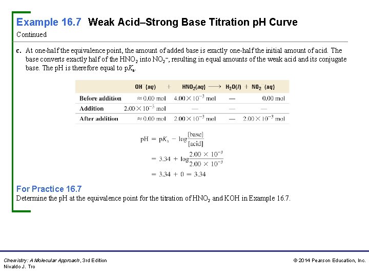 Example 16. 7 Weak Acid–Strong Base Titration p. H Curve Continued c. At one-half Example 16. 7 Weak Acid–Strong Base Titration p. H Curve Continued c. At one-half