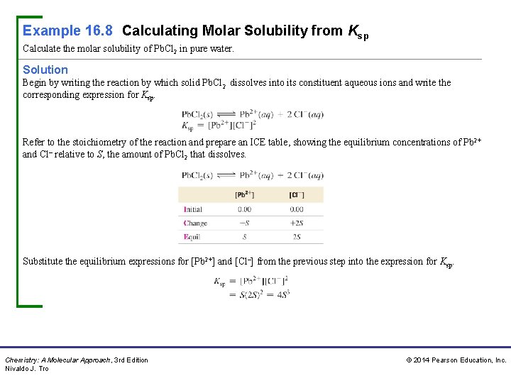 Example 16. 8 Calculating Molar Solubility from Ksp Calculate the molar solubility of Pb. Example 16. 8 Calculating Molar Solubility from Ksp Calculate the molar solubility of Pb.