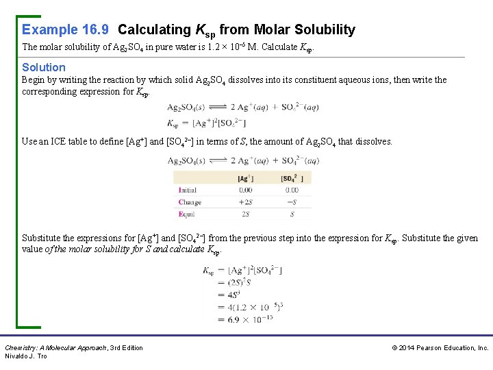 Example 16. 9 Calculating Ksp from Molar Solubility The molar solubility of Ag 2 Example 16. 9 Calculating Ksp from Molar Solubility The molar solubility of Ag 2