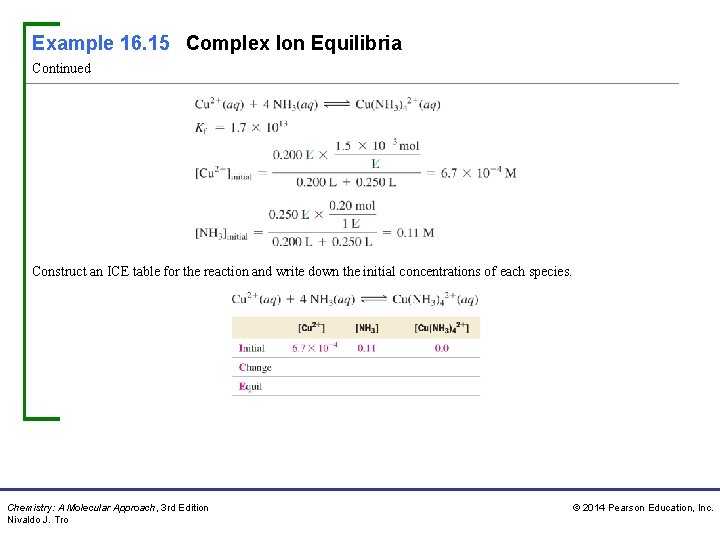 Example 16. 15 Complex Ion Equilibria Continued Construct an ICE table for the reaction Example 16. 15 Complex Ion Equilibria Continued Construct an ICE table for the reaction