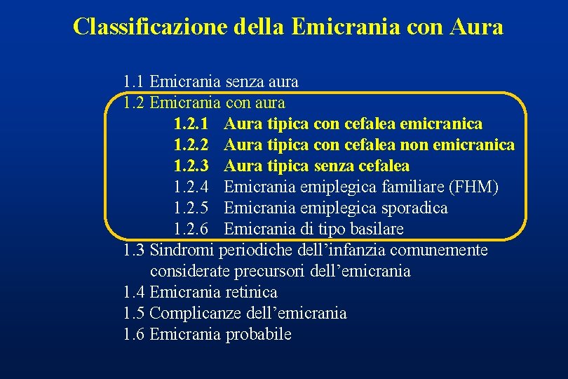 Classificazione della Emicrania con Aura 1. 1 Emicrania senza aura 1. 2 Emicrania con