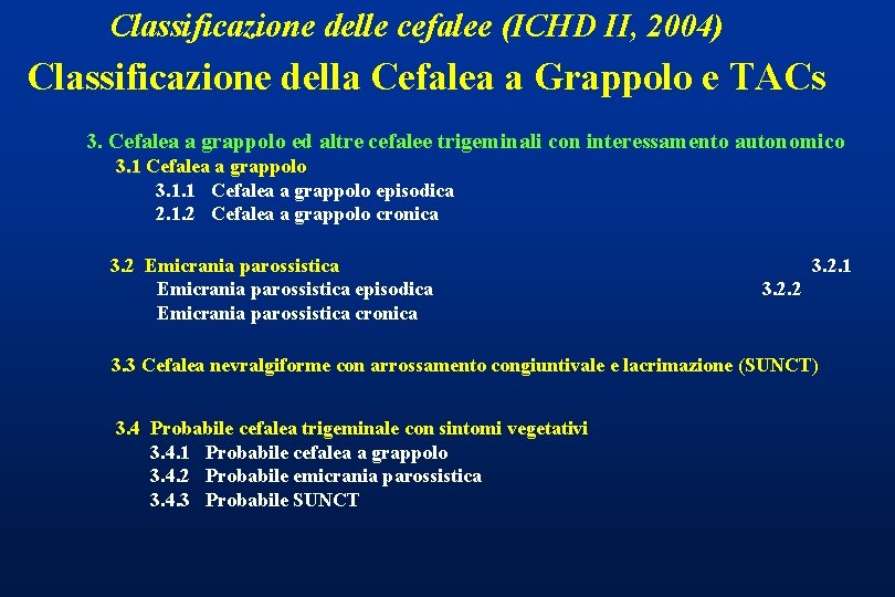 Classificazione delle cefalee (ICHD II, 2004) Classificazione della Cefalea a Grappolo e TACs 3.