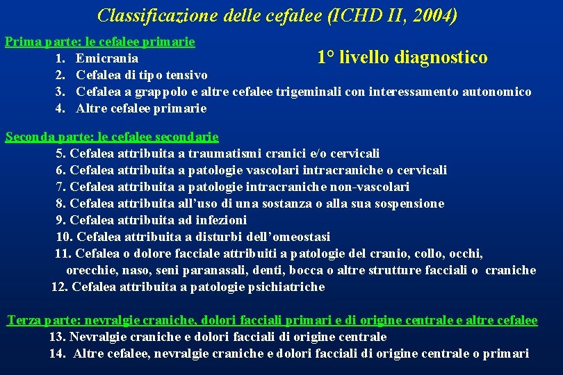 Classificazione delle cefalee (ICHD II, 2004) Prima parte: le cefalee primarie 1. Emicrania 1°