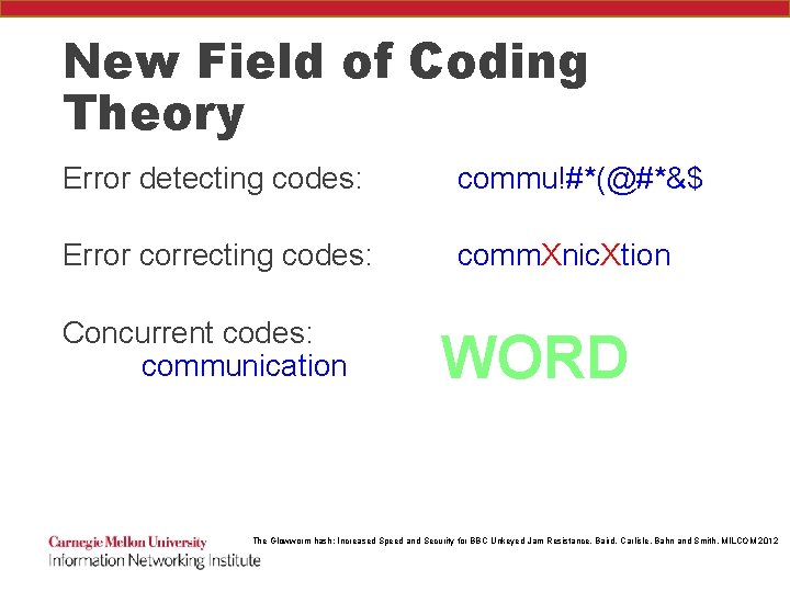 New Field of Coding Theory Error detecting codes: commu!#*(@#*&$ Error correcting codes: comm. Xnic.