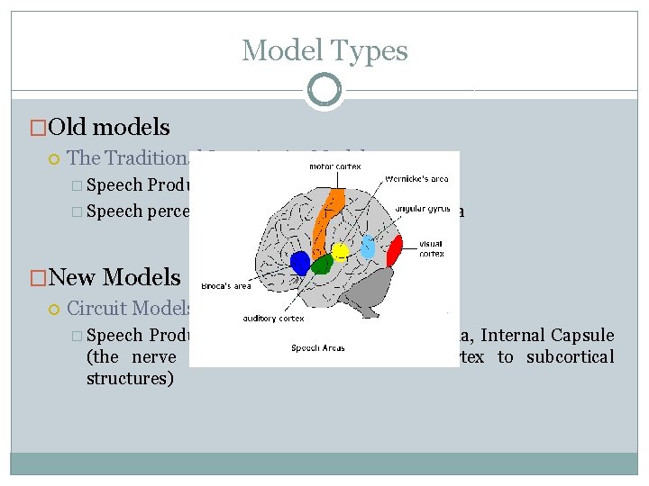 Model Types �Old models The Traditional Locationist Model � Speech Production, Grammar: Broca’s Area