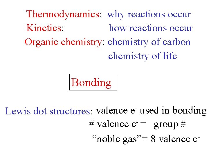 Thermodynamics: why reactions occur Kinetics: how reactions occur Organic chemistry: chemistry of carbon chemistry