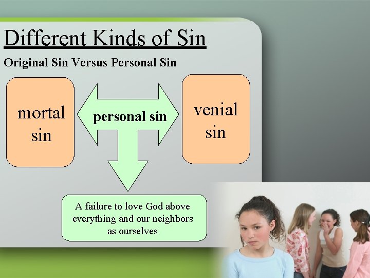 Different Kinds of Sin Original Sin Versus Personal Sin mortal sin personal sin A