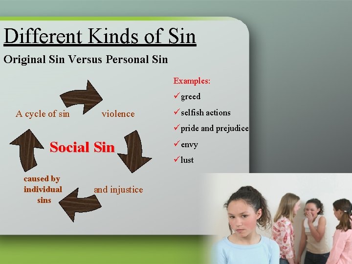 Different Kinds of Sin Original Sin Versus Personal Sin Examples: ügreed A cycle of