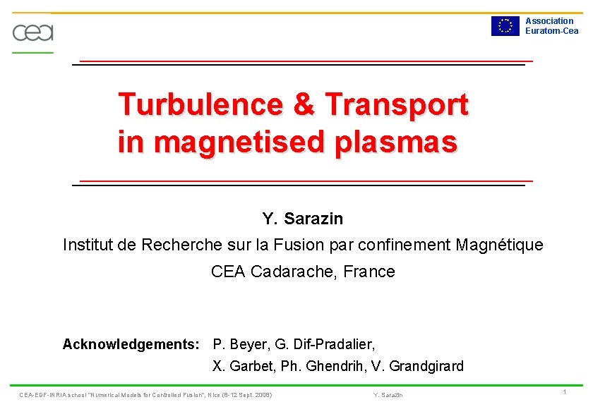 Association Euratom-Cea Turbulence & Transport in magnetised plasmas Y. Sarazin Institut de Recherche sur