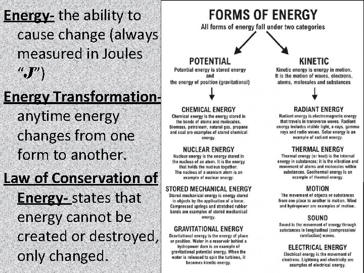 Energy- the ability to cause change (always measured in Joules “J”) Energy Transformationanytime energy