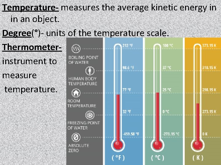 Temperature- measures the average kinetic energy in an object. Degree(°)- units of the temperature