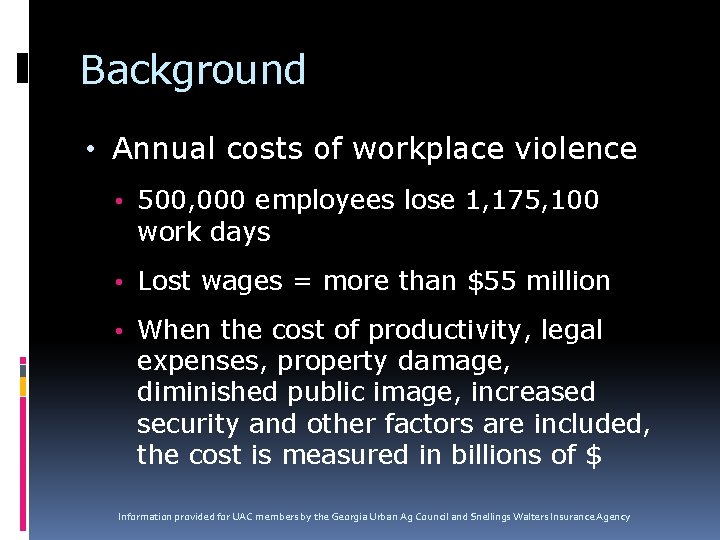 Background • Annual costs of workplace violence • 500, 000 employees lose 1, 175,