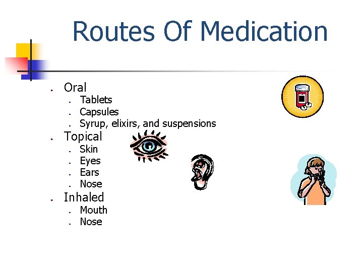 Routes Of Medication ● Oral ● ● Topical ● ● ● Tablets Capsules Syrup,