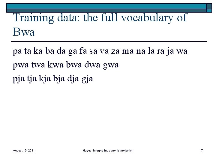 Training data: the full vocabulary of Bwa pa ta ka ba da ga fa