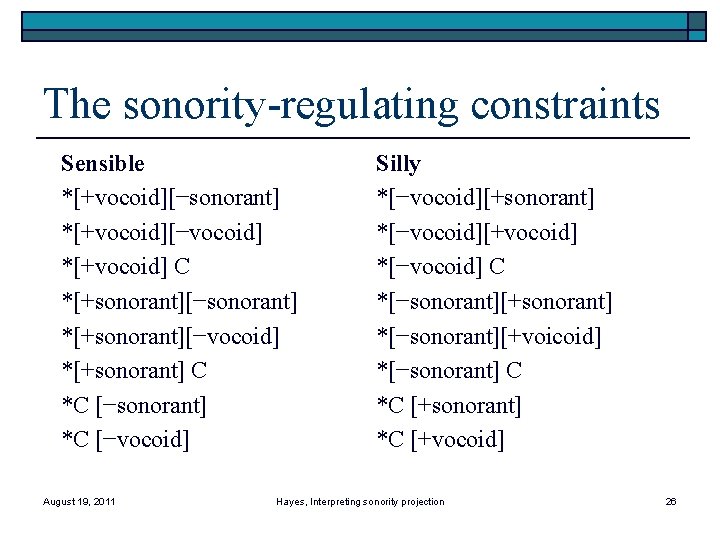 The sonority-regulating constraints Sensible *[+vocoid][−sonorant] *[+vocoid][−vocoid] *[+vocoid] C *[+sonorant][−sonorant] *[+sonorant][−vocoid] *[+sonorant] C *C [−sonorant]