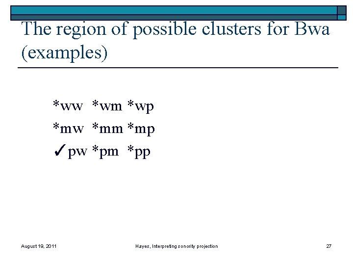 The region of possible clusters for Bwa (examples) *ww *wm *wp *mw *mm *mp