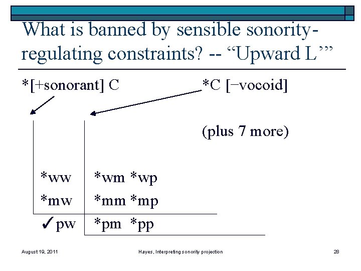 What is banned by sensible sonorityregulating constraints? -- “Upward L’” *[+sonorant] C *C [−vocoid]