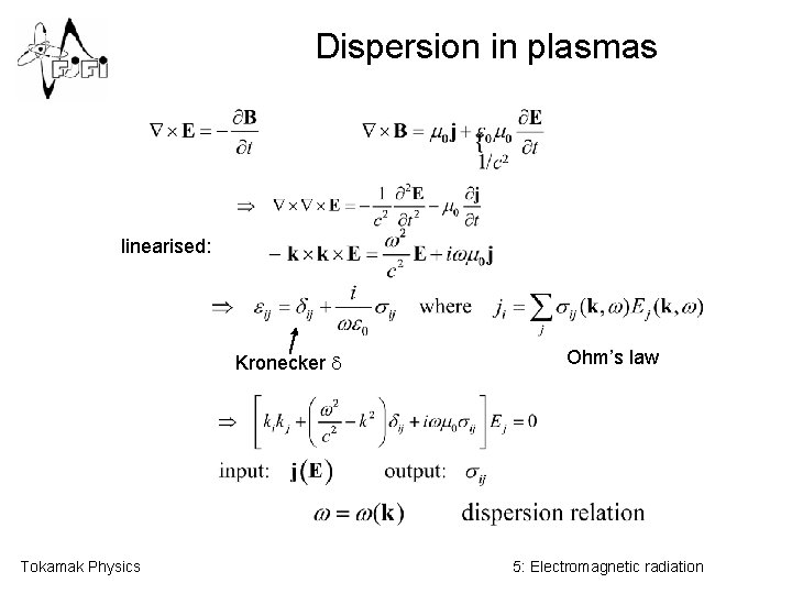 Dispersion in plasmas linearised: Kronecker d Tokamak Physics Ohm’s law 5: Electromagnetic radiation 