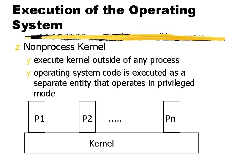 Execution of the Operating System z Nonprocess Kernel y execute kernel outside of any