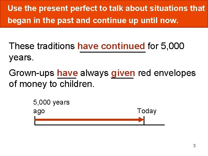 Use the present perfect to talk about situations that began in the past and