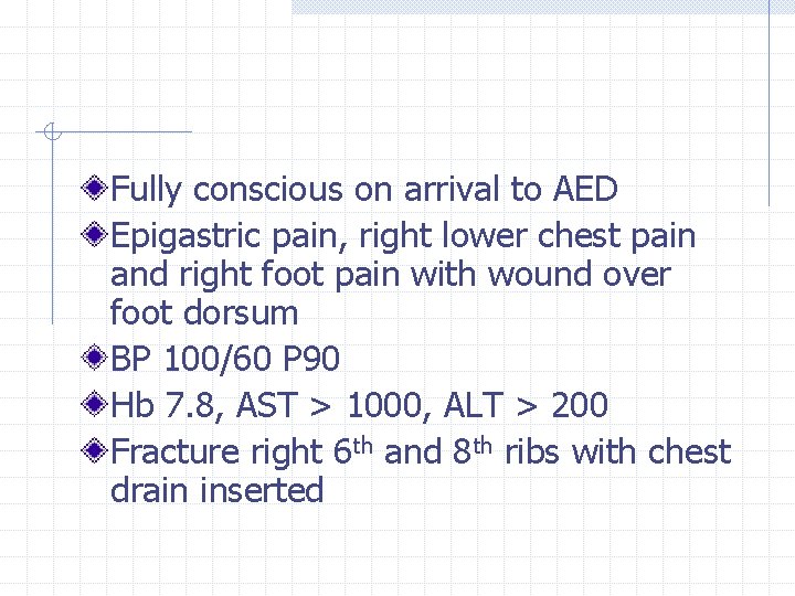 Fully conscious on arrival to AED Epigastric pain, right lower chest pain and right