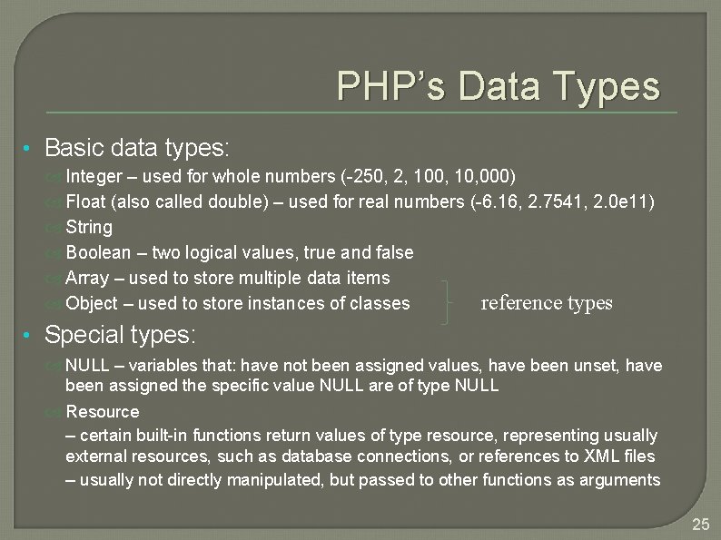 PHP’s Data Types • Basic data types: Integer – used for whole numbers (-250,