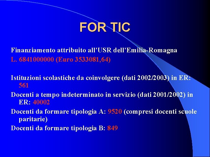 FOR TIC Finanziamento attribuito all’USR dell’Emilia-Romagna L. 6841000000 (Euro 3533081, 64) Istituzioni scolastiche da