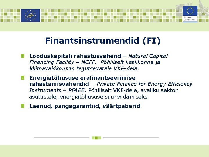 Finantsinstrumendid (FI) Looduskapitali rahastusvahend – Natural Capital Financing Facility – NCFF. Põhiliselt keskkonna ja