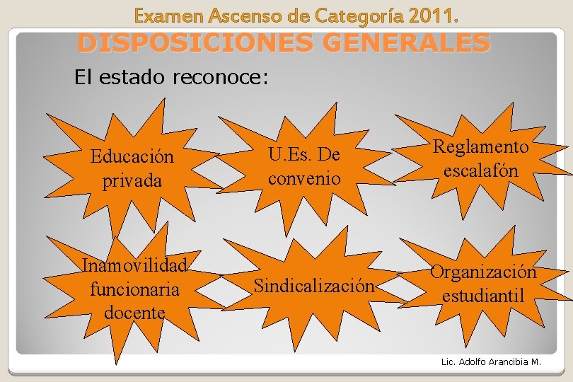 Examen Ascenso de Categoría 2011. DISPOSICIONES GENERALES El estado reconoce: Educación privada Inamovilidad funcionaria Examen Ascenso de Categoría 2011. DISPOSICIONES GENERALES El estado reconoce: Educación privada Inamovilidad funcionaria