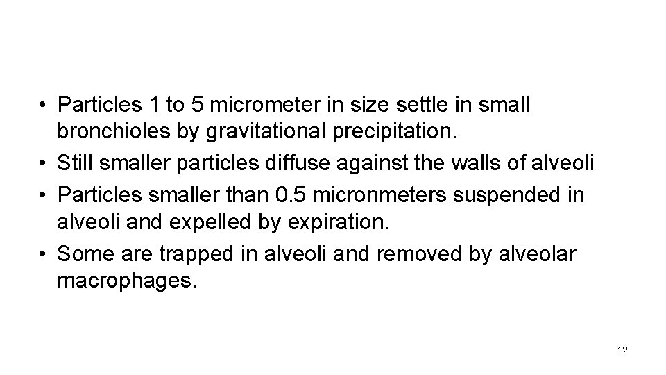  • Particles 1 to 5 micrometer in size settle in small bronchioles by