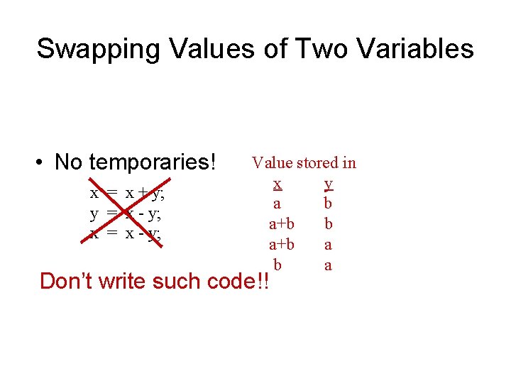 Swapping Values of Two Variables • No temporaries! x = x + y; y
