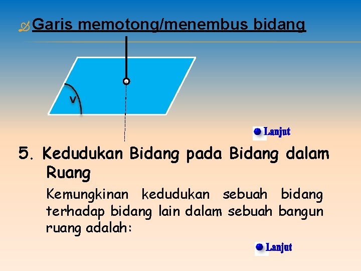  Garis memotong/menembus bidang V 5. Kedudukan Bidang pada Bidang dalam Ruang Kemungkinan kedudukan