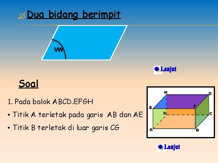  Dua bidang berimpit VW Soal 1. Pada balok ABCD. EFGH • Titik A