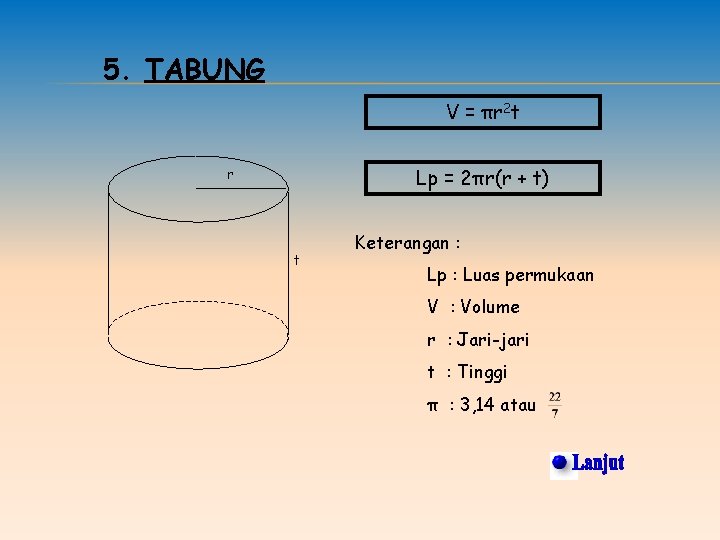 5. TABUNG V = πr 2 t Lp = 2πr(r + t) r t