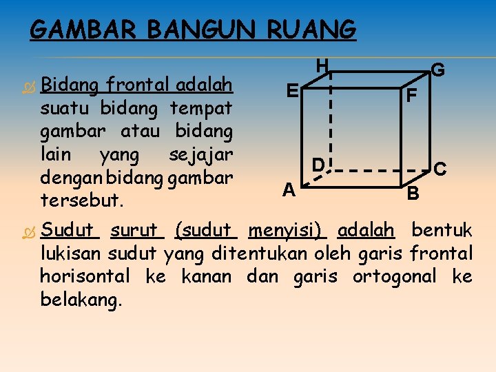 GAMBAR BANGUN RUANG Bidang frontal adalah suatu bidang tempat gambar atau bidang lain yang