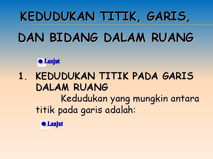 KEDUDUKAN TITIK, GARIS, DAN BIDANG DALAM RUANG 1. KEDUDUKAN TITIK PADA GARIS DALAM RUANG