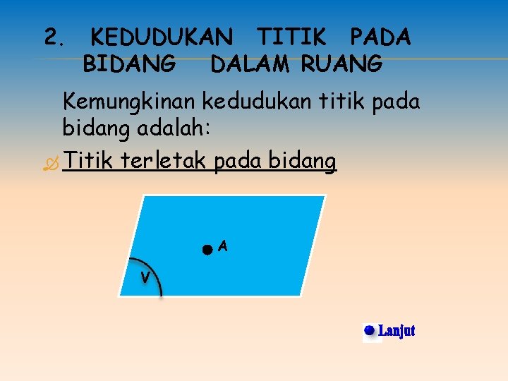 2. KEDUDUKAN TITIK PADA BIDANG DALAM RUANG Kemungkinan kedudukan titik pada bidang adalah: Titik