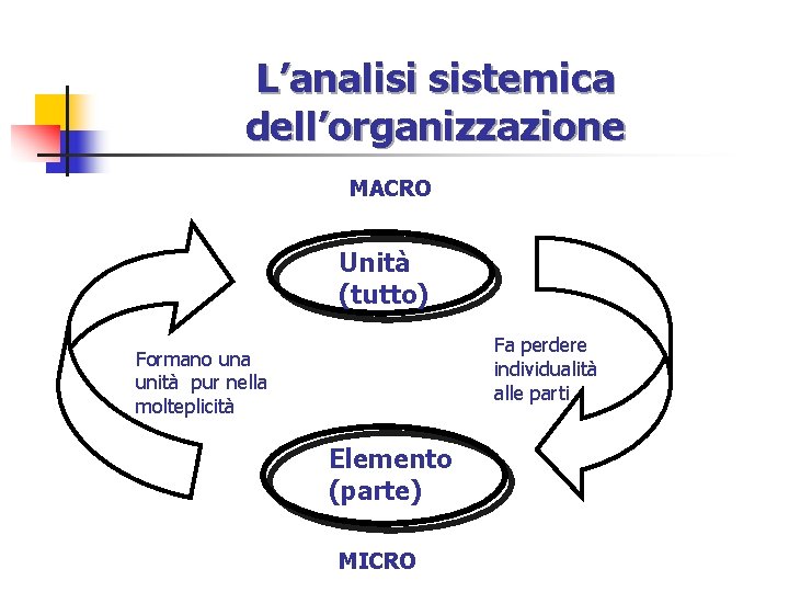 L’analisi sistemica dell’organizzazione MACRO Unità (tutto) Fa perdere individualità alle parti Formano una unità