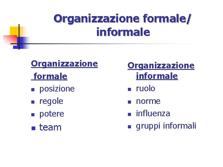 Organizzazione formale/ informale Organizzazione formale n posizione n regole n potere n team Organizzazione