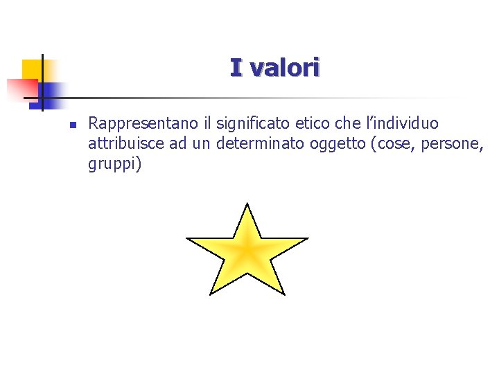 I valori n Rappresentano il significato etico che l’individuo attribuisce ad un determinato oggetto I valori n Rappresentano il significato etico che l’individuo attribuisce ad un determinato oggetto