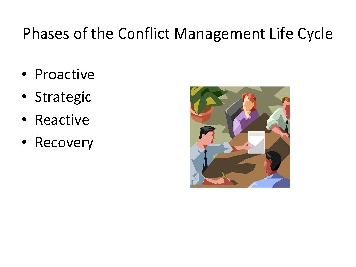 Phases of the Conflict Management Life Cycle • • Proactive Strategic Reactive Recovery 