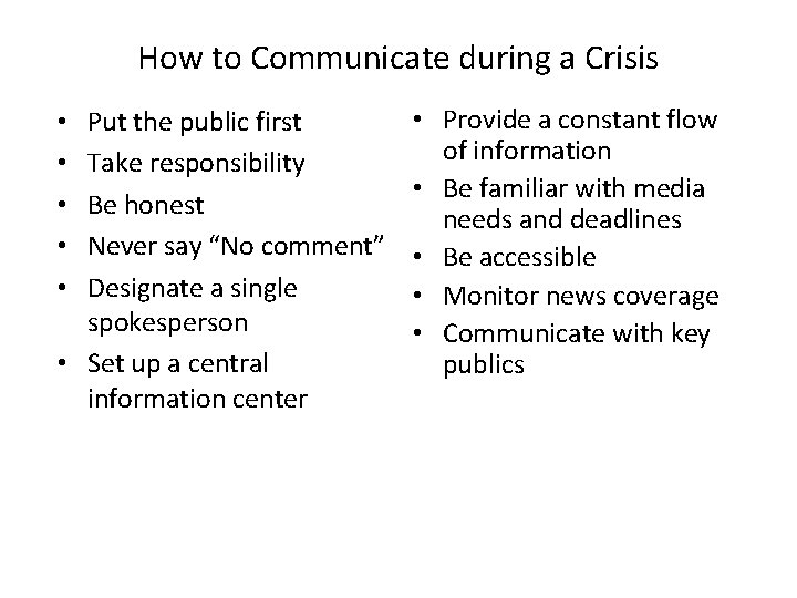 How to Communicate during a Crisis Put the public first Take responsibility Be honest How to Communicate during a Crisis Put the public first Take responsibility Be honest