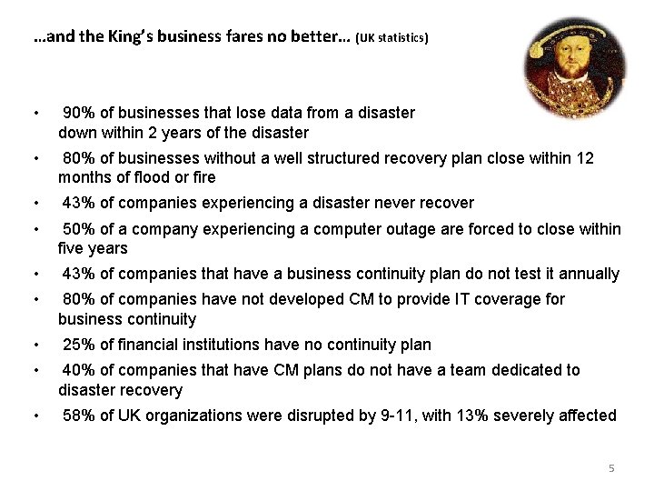 …and the King’s business fares no better… (UK statistics) • 90% of businesses that