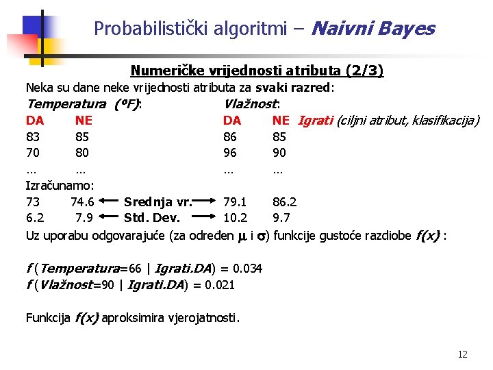 Probabilistički algoritmi – Naivni Bayes Numeričke vrijednosti atributa (2/3) Neka su dane neke vrijednosti