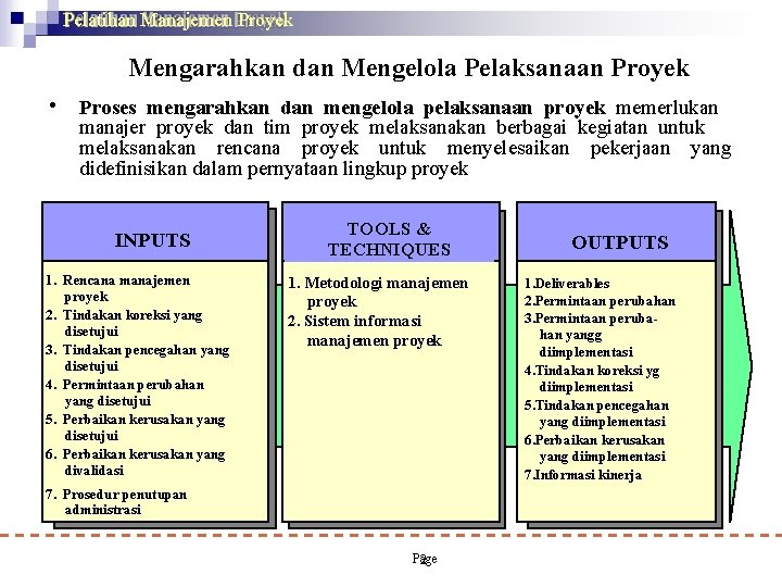 Pelatihan Manajemen Proyek Mengarahkan dan Mengelola Pelaksanaan Proyek • Proses mengarahkan dan mengelola pelaksanaan