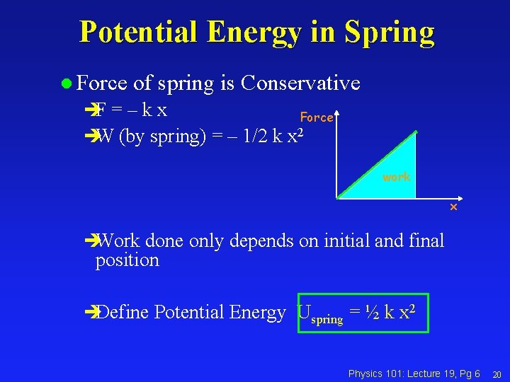 Potential Energy in Spring l Force of spring is Conservative èF = – k Potential Energy in Spring l Force of spring is Conservative èF = – k