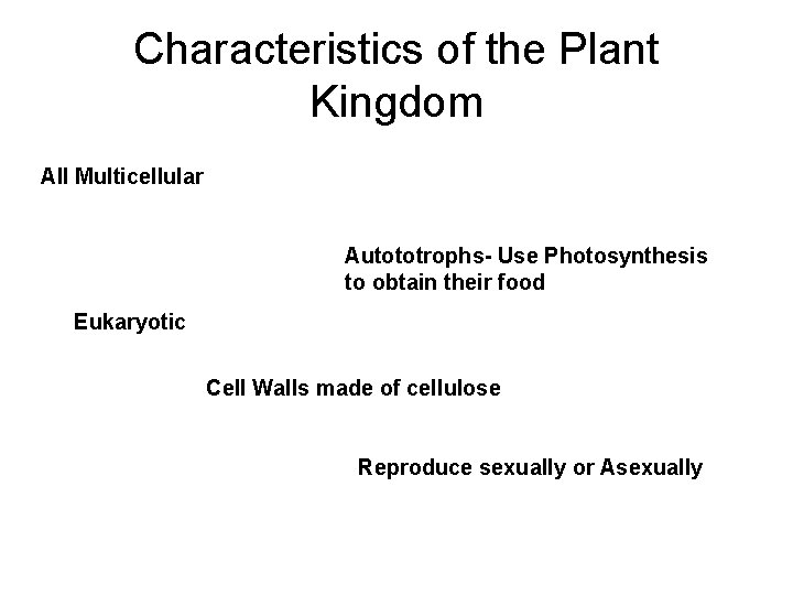 Characteristics of the Plant Kingdom All Multicellular Autototrophs- Use Photosynthesis to obtain their food