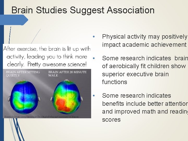 Brain Studies Suggest Association • Physical activity may positively impact academic achievement • Some